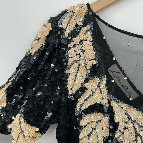 Lillie Rubin Women’s Black Cream All Over Sequin Leaf Illusion Neck Mini Dress - Picture 11 of 16